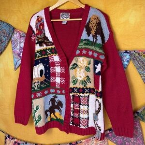 Vintage Country Western Patchwork Knit Cardigan Sweater
